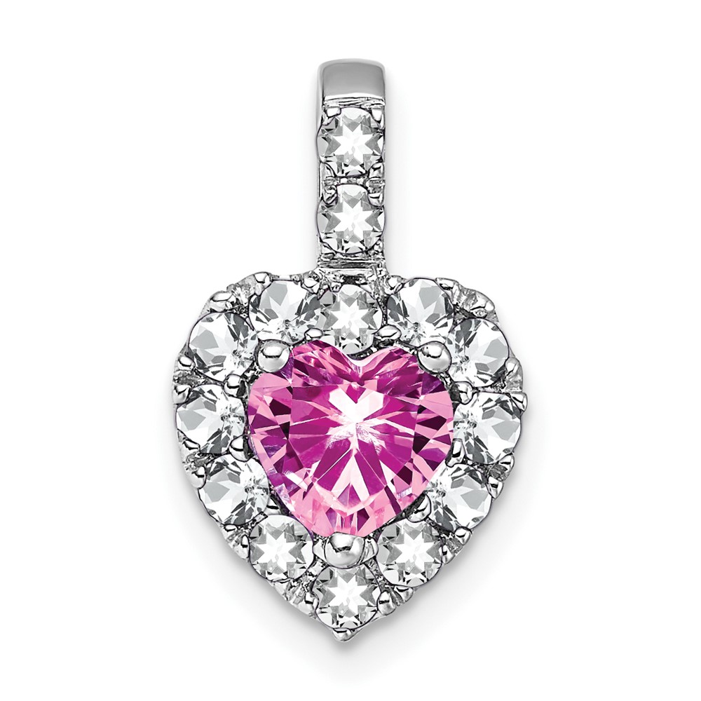 PM7012-CPS_WT-W.jpg 14k White Gold Lab Created Pink Sapphire and White Topaz Halo Heart Pendant - Image 1