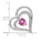 14k White Gold Lab Created Pink Sapphire and Diamond Double Heart Chain Slide - Image 2
