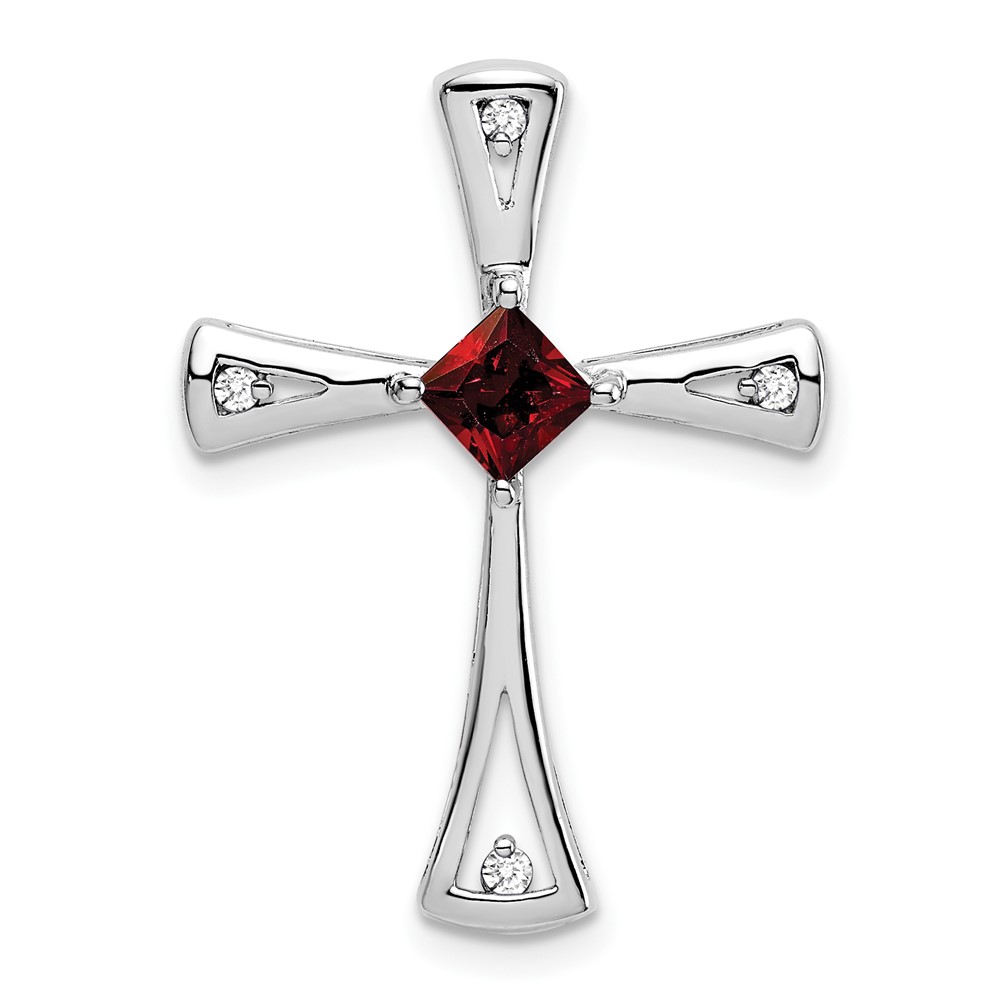 PM7031-GA-005-WA.jpg 14k White Gold 4mm Square Garnet and Diamond Cross Chain Slide - Image 1