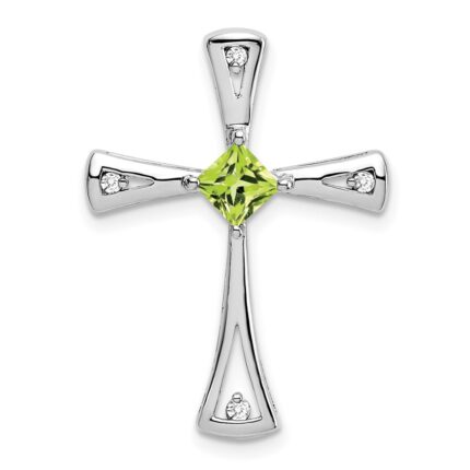 14k White Gold 4mm Square Peridot and Diamond Cross Chain Slide