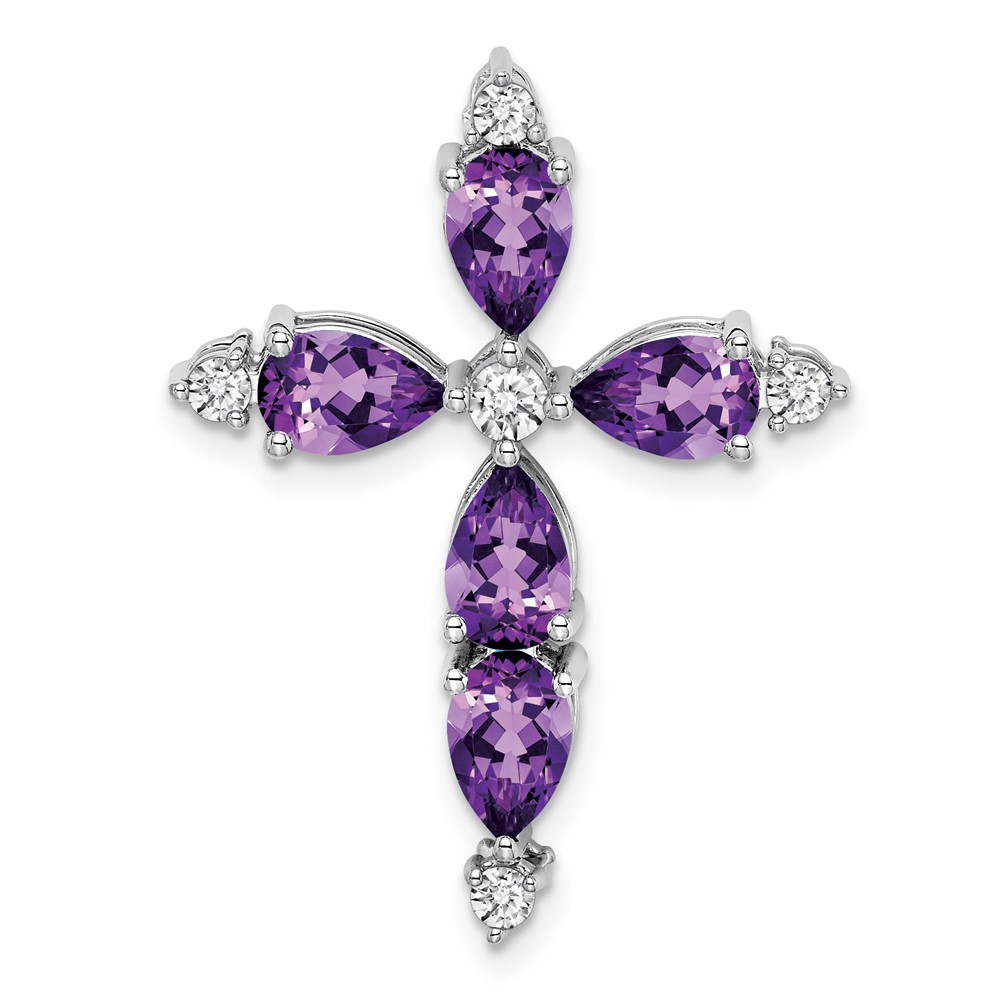 PM7040-AM-020-WA.jpg 14k White Gold 6x4mm Pear Amethyst and Diamond Cross Chain Slide - Image 1