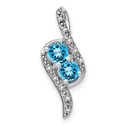 14k White Gold 2-Stone Round Blue Topaz and Diamond Chain Slide