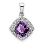 14k White Gold 7mm Cushion Amethyst and Diamond Halo Pendant