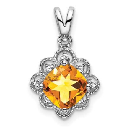 14k White Gold 7mm Cushion Citrine and Diamond Scalloped Pendant