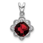 14k White Gold 7mm Cushion Garnet and Diamond Scalloped Pendant