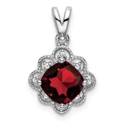 14k White Gold 7mm Cushion Garnet and Diamond Scalloped Pendant