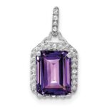 14k White Gold 9x7mm Emerald-cut Amethyst and Diamond Halo Pendant