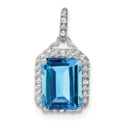 14k White Gold 9x7mm Emerald-cut Blue Topaz and Diamond Halo Pendant