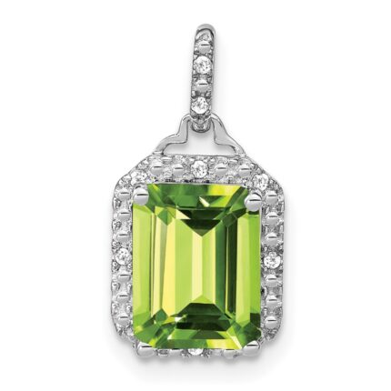 14k White Gold 9x7mm Emerald-cut Peridot and Diamond Halo Pendant