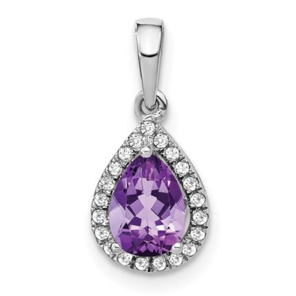 14k White Gold 7x5mm Pear Amethyst and Diamond Halo Pendant