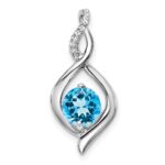 14k White Gold 6.5mm Round Blue Topaz and Diamond Fancy Pendant