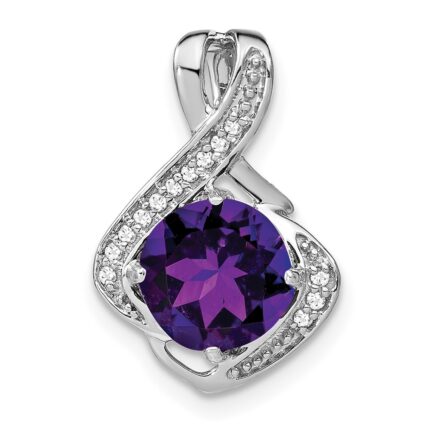 14k White Gold 8mm Round Amethyst and Diamond Fancy Chain Slide