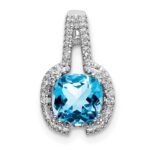 14k White Gold 6mm Cushion Blue Topaz and Diamond Pendant
