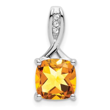 14k White Gold 8mm Cushion Citrine and Diamond Chain Slide