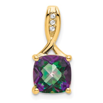 14k 8mm Cushion Mystic Fire Topaz and Diamond Pendant