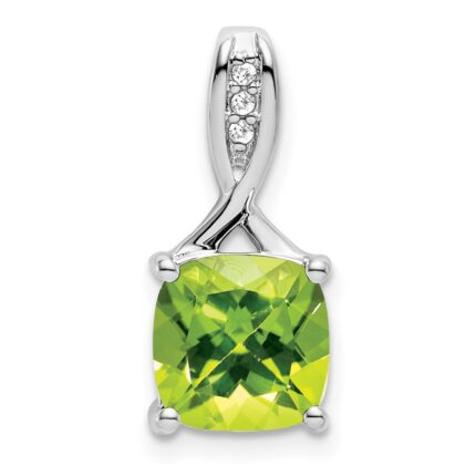 14k White Gold 8mm Cushion Peridot and Diamond Chain Slide