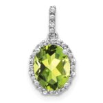 14k White Gold 9x7mm Oval Peridot and Diamond Halo Pendant