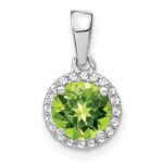 14k White Gold 6.5mm Round Peridot and Diamond Halo Pendant