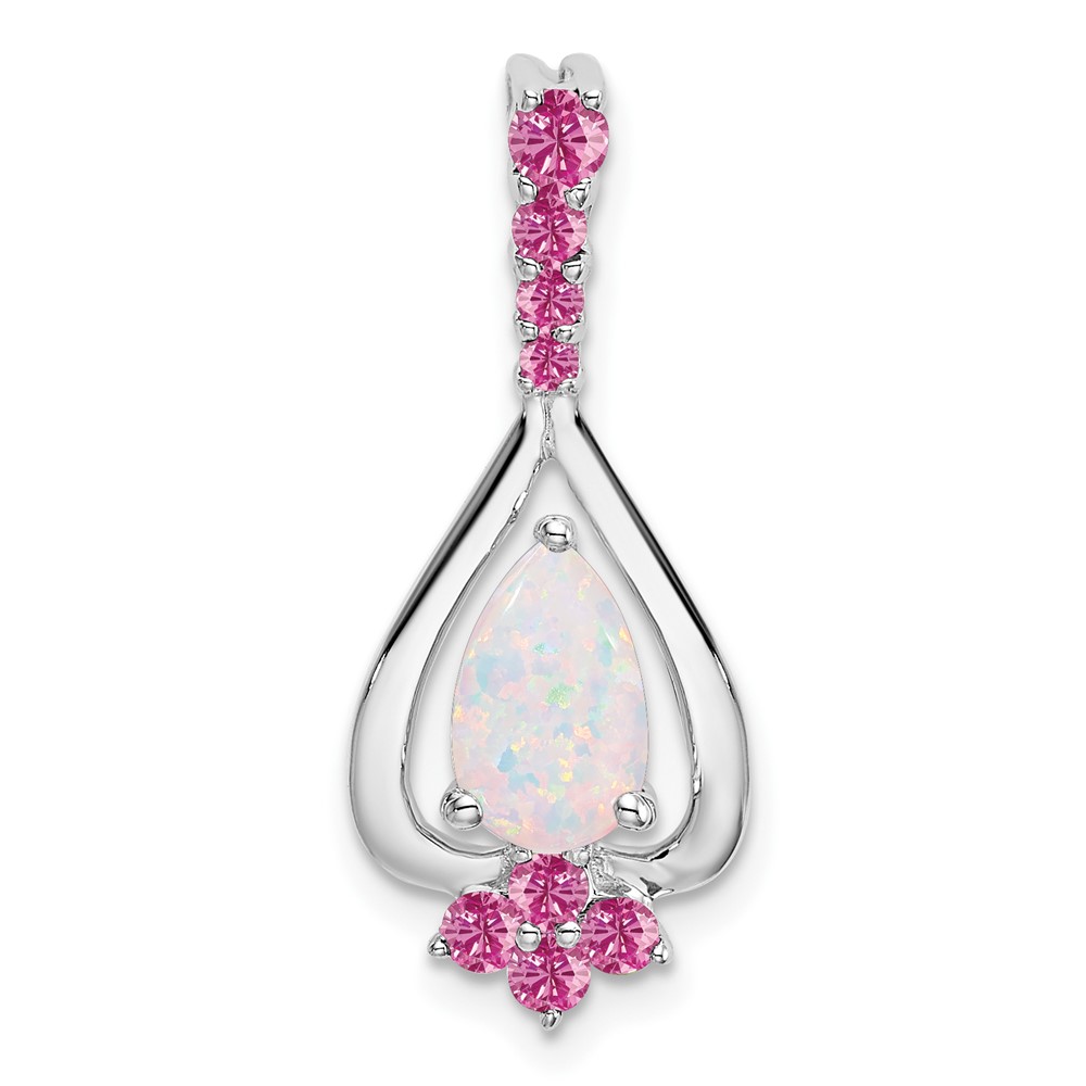 PM7071-OP_CPS-W.jpg 14k White Gold Pear Lab Created Opal and Lab Created Pink Sapphire Pendant - Image 1