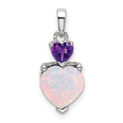 14k White Gold Heart Lab Created Opal and Amethyst Pendant