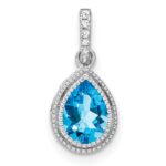 14k White Gold 7x5mm Pear Blue Topaz and Diamond Pendant