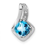 14k White Gold 6.4mm Cushion Blue Topaz and Diamond Chain Slide