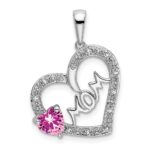 14k White Gold Pink Sapphire and Diamond MOM Heart Pendant
