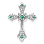 10K White Gold Emerald and Diamond Fleur de Lis Cross Chain Slide
