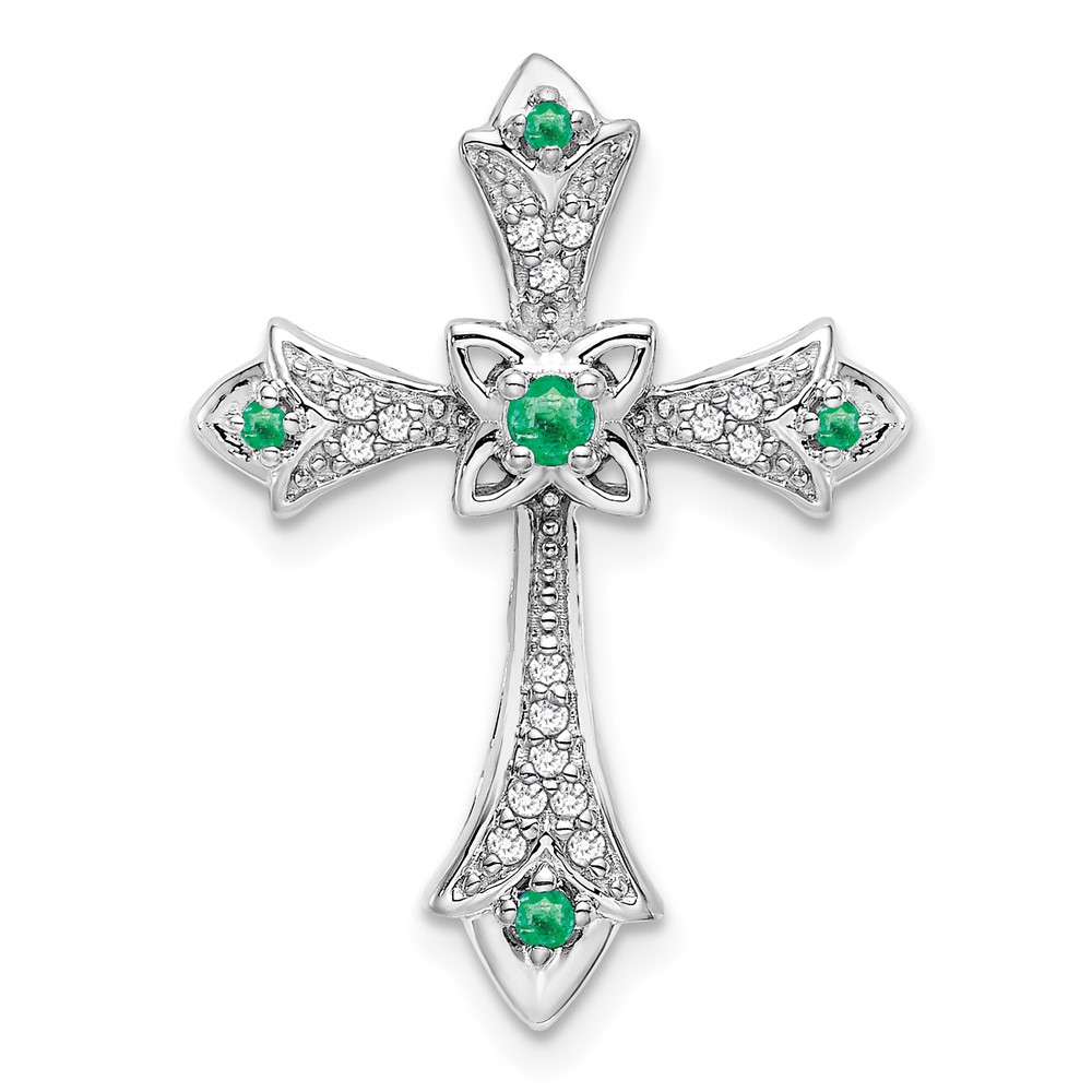 PM7175-EM-008-1WA.jpg 10K White Gold Emerald and Diamond Fleur de Lis Cross Chain Slide - Image 1