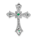 14k White Gold Round Emerald and Diamond Fleur de Lis Cross Chain Slide - Image 4