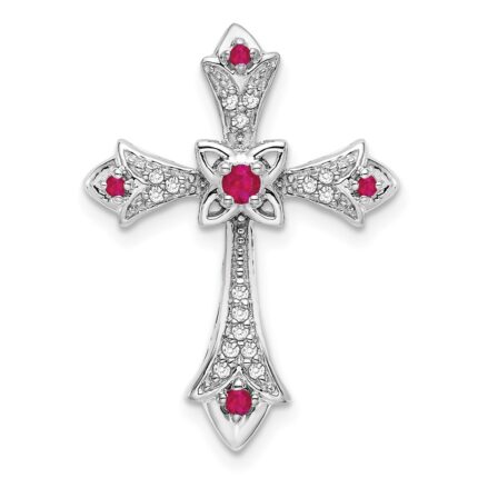 14k White Gold Round Ruby and Diamond Fleur de Lis Cross Chain Slide
