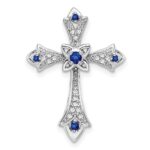 14k White Gold Round Sapphire and Diamond Fleur de Lis Cross Chain Slide