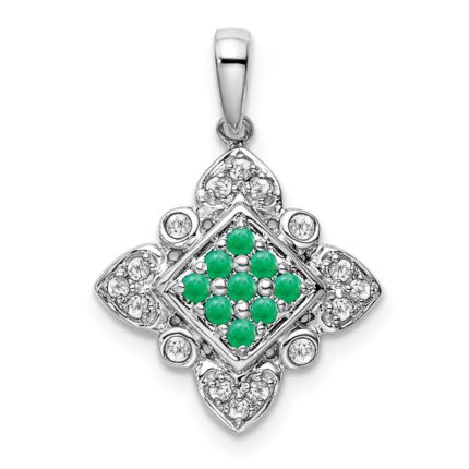 14k White Gold Emerald Cluster and Diamond Vintage Pendant