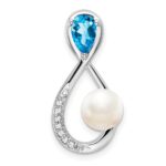 14k White Gold 6x4mm Pear Blue Topaz/Freshwater Cultured Pearl/Diamond Infinity Chain Slide