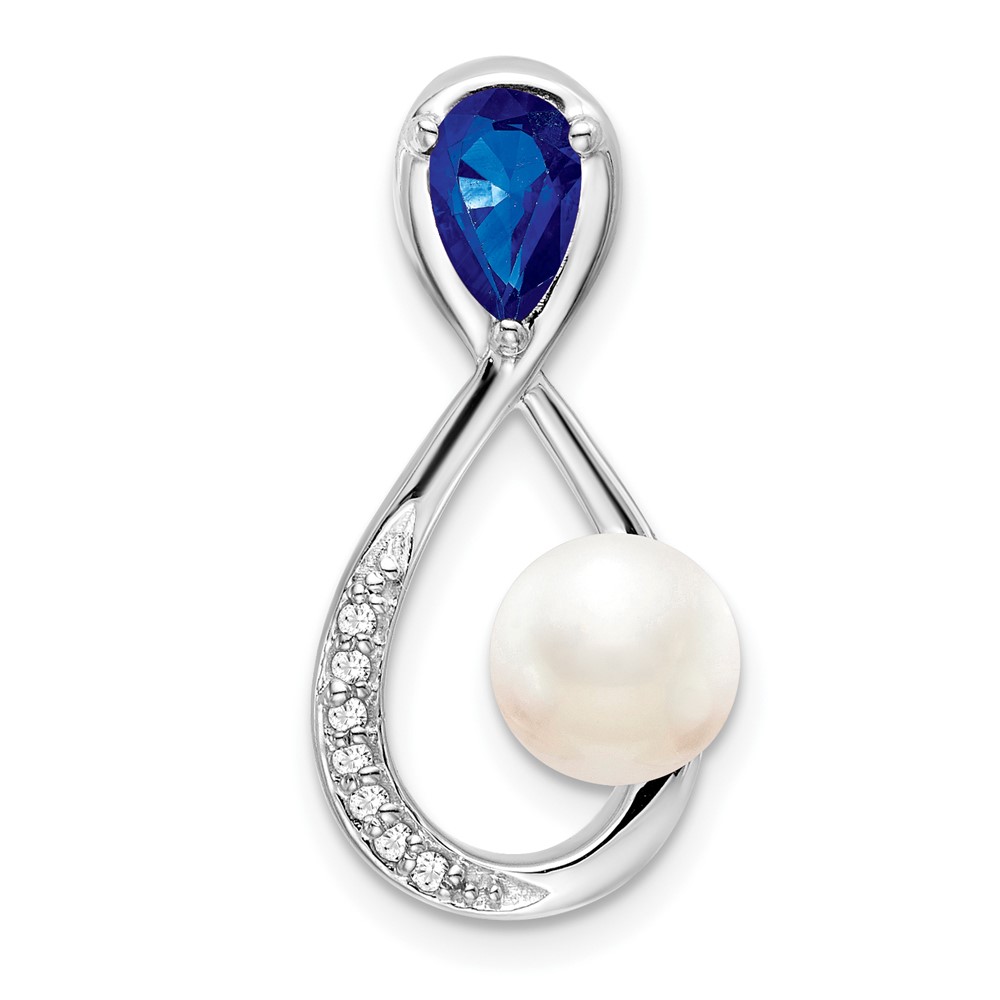 PM7182-SA-004-WA.jpg 14k White Gold Pear Sapphire/Freshwater Cultured Pearl/Diamond Infinity Chain Slide - Image 1
