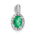 14k White Gold 6x4mm Oval Emerald and Diamond Halo Pendant