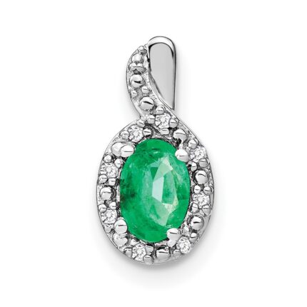 14k White Gold 6x4mm Oval Emerald and Diamond Halo Pendant