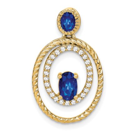 14k Oval and Round Sapphire and Diamond Oval Pendant