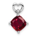 14k White Gold 7mm Cushion July/Lab Created Ruby and Diamond Heart Chain Slide