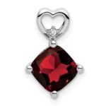 14k White Gold 7mm Cushion January/Garnet and Diamond Heart Chain Slide