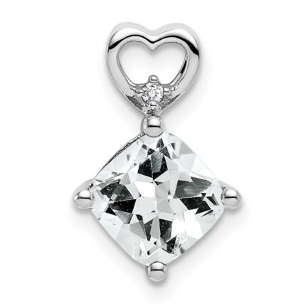 14k White Gold 7mm Cushion April/White Topaz and Diamond Heart Chain Slide