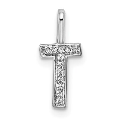 14K White Gold Diamond Letter T Initial Pendant