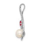 14k White Gold 6-7mm Round White Freshwater Cultured Pearl/Ruby/Diamond Slide Fits up to 4mm Fancy Omega Only - Image 2