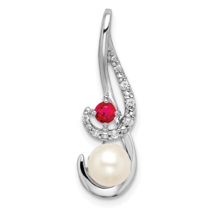 14k White Gold 6-7mm Round White Freshwater Cultured Pearl/Ruby/Diamond Slide Fits up to 4mm Fancy Omega Only