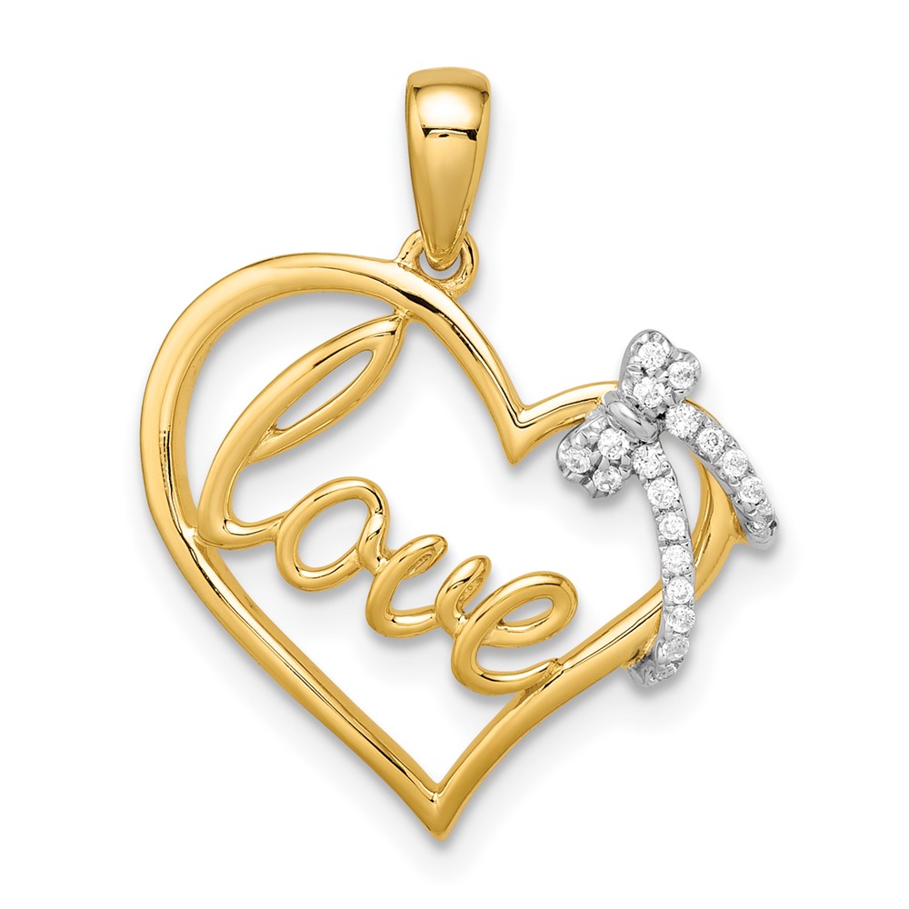 PM8530-006-YWA.jpg 14k Two-tone LOVE Script Heart with Diamond Bow Pendant - Image 1