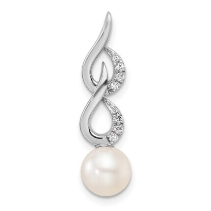 14K White Gold Polished 1/20 carat Diamond and White Freshwater Cultured Pearl Chain Slide