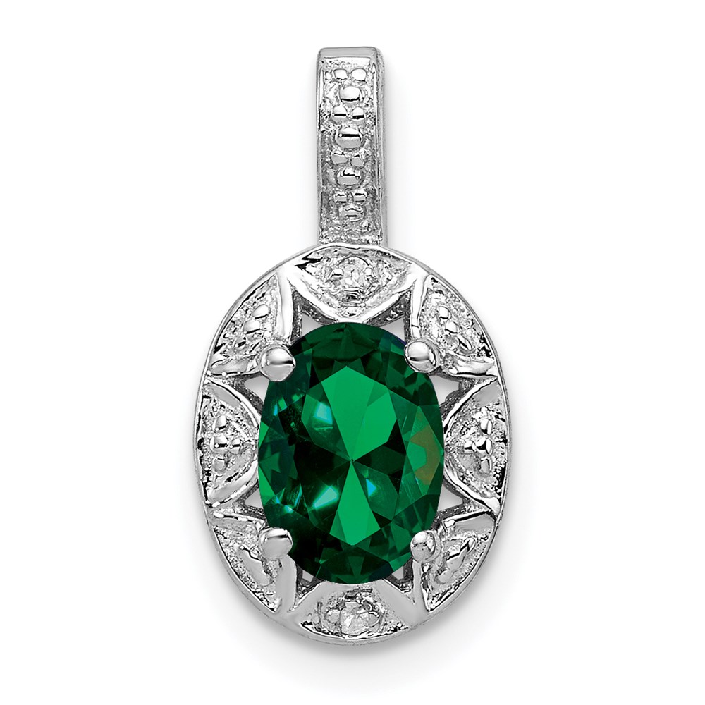 QBPD10MAY.jpg Sterling Silver Rhodium-plated Diam. & Created Emerald Pendant - Image 1