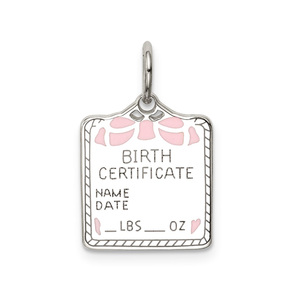 QC10.jpg Sterling Silver Rhodium-plated Pink Birth Certificate Polished Charm - Image 1