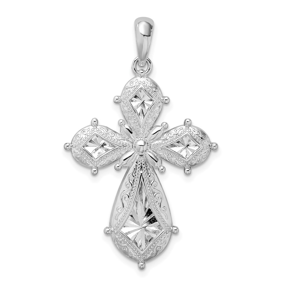 QC10193.jpg De-Ani Sterling Silver Rhodium-Plated Scroll Diamond-Cut Rounded Cross Pendant - Image 1