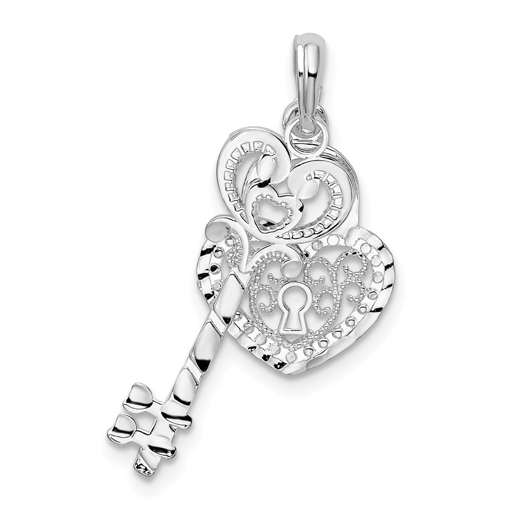 QC10302.jpg De-Ani Sterling Silver Rhodium-Plated Polished Moveable Key with Heart Lock Pendant - Image 1